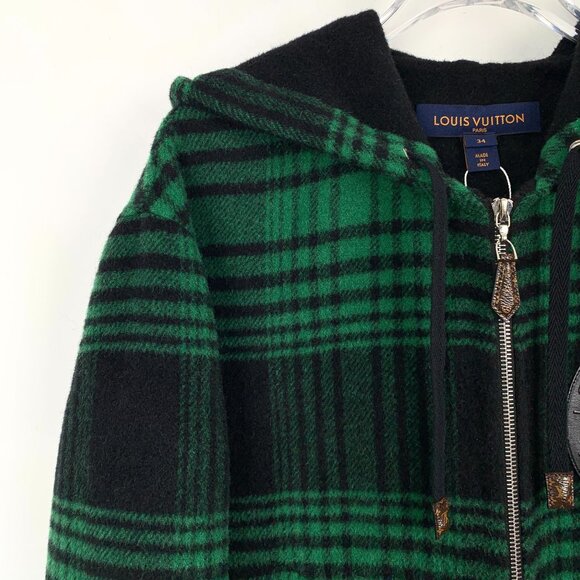 Louis Vuitton Green & Black Plaid Wool Hooded Zip-Up Jacket With Leather Patch D - Picture 3 of 8